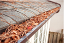 Part of roof and gutters filled with leaves